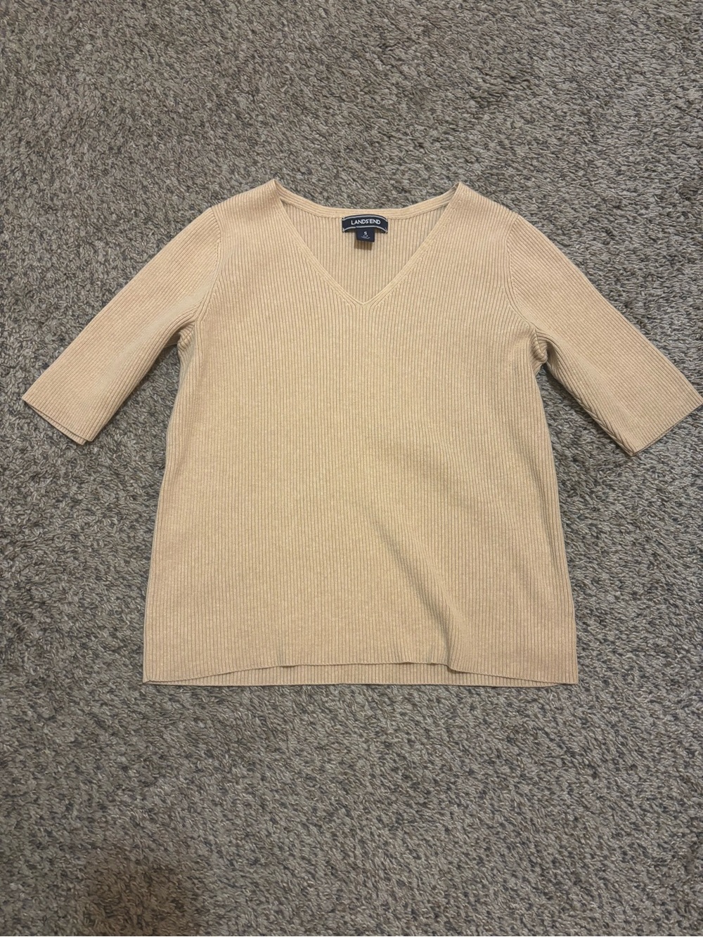 Lands' End Women's Ribbed V-Neck Sweater in Light Beige